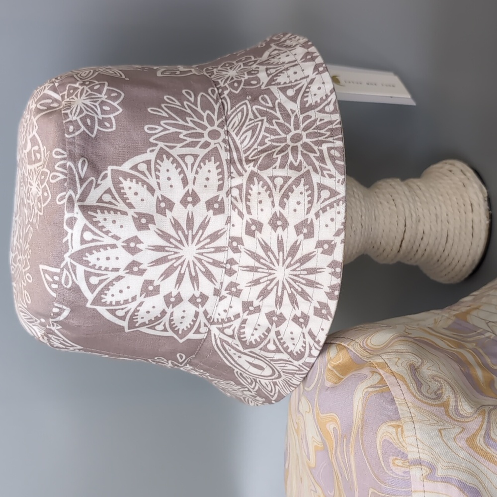 Reversible Bucket Hat - purple mandala or swirly pink, purple, orange, cream